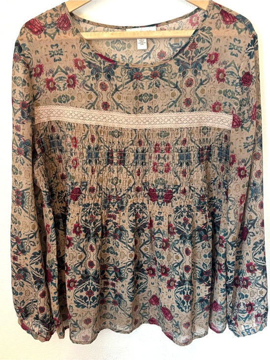 Vintage America Tops - Vintage America XL Floral Smocked Lace Boho Peasant Blouse Sheer Fall Top